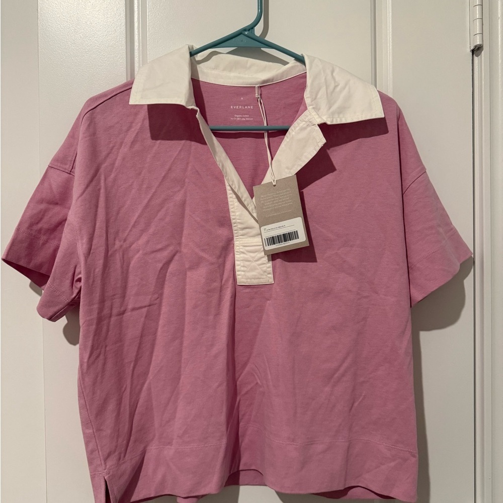Everlane Pink and White Retro Jersey Polo Tee - Picture 2 of 2